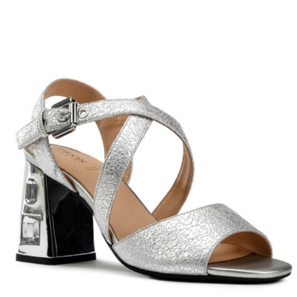 Geox Metallic Silver Rhinestone Jeweled Block Ankle Strap Heels NWT - Picture 16 of 16